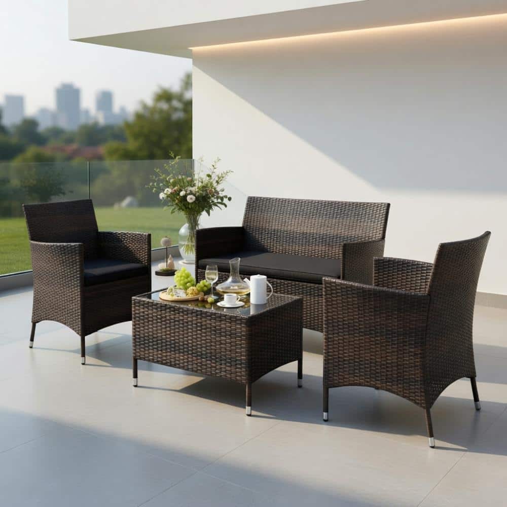 4-Piece Black PE Rattan Sectional Set – Tempered Glass Coffee Table for Backyard, Poolside & Garden price history on PriceWatchPro