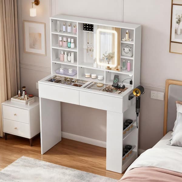 1-piece White Particle Board Makeup Vanity Table with Dimmable Touch Square Mirror 2-drawer 3-compartment 3-tier Shelf