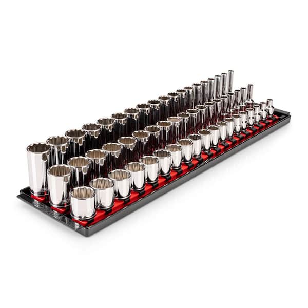 3/8 Inch Drive Shallow, Semi-Deep, and Deep 12-Point Socket Set with Rails and Trays, 57-Piece (6-24 mm)