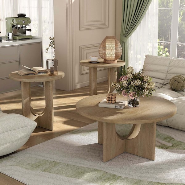 Calsen 3-Piece 36 in. Natural Round Wood Top Coffee Table Set with Cross-Arch Base
