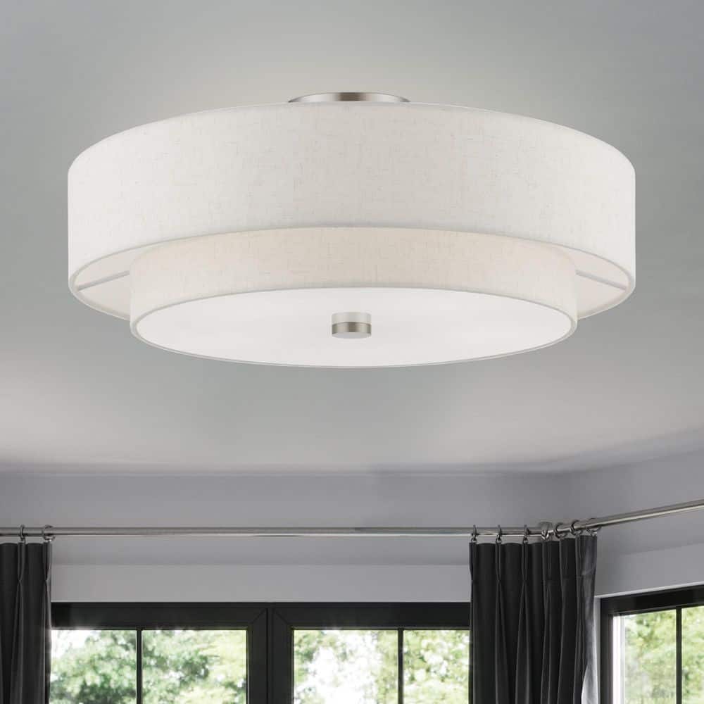 Brushed Nickel 5-Light Semi-Flush Mount with Oatmeal Shade