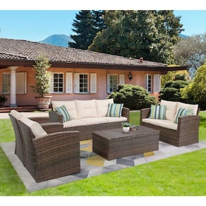 5-Piece Wicker Patio Sectional Sofa Set with Beige Cushions