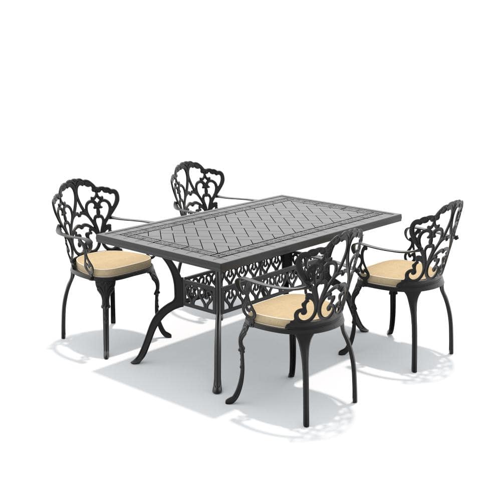 Black 5-Piece Cast aluminum Patio Outdoor Dining Set with Rectangle Table and Dining Chairs with Off-white Cushions price history on PriceWatchPro