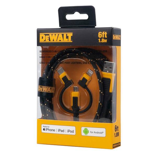 DEWALT Reinforced 3-In-1 Cable for Lightning, USB-C and Micro-USB 131 1356  DW2