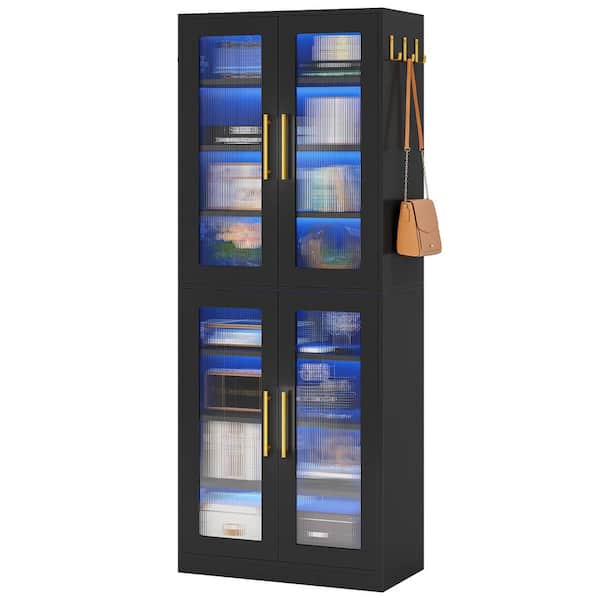 BYBLIGHT Black 24.8 in. W Display Cabinet with Doors and LED Lights, Tall Storage Cabinet for Living Room