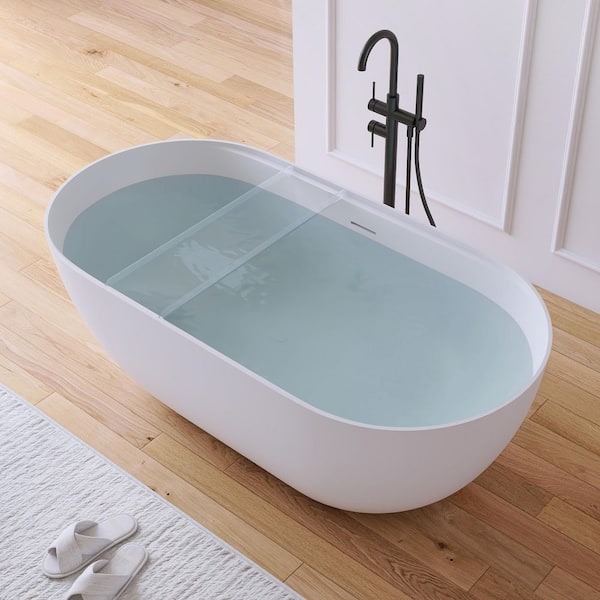 59 in. x 29.5 in. Stone Resin Solid Surface Flatbottom Freestanding Soaking Bathtub in White with Acrylic Bath Caddy