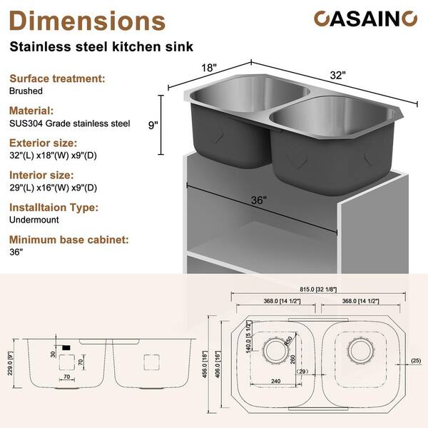 CASAINC 32 in. Undermount Double Bowl 18 Gauge Brushed Stainless Steel Kitchen Sink with Bottom Grid and Basket Strainer