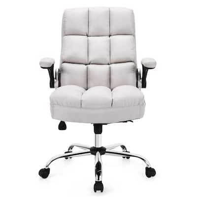 Adjustable High-Back Beige Linen Seat Swivel Office Executive Chair with Flip-up Armrests
