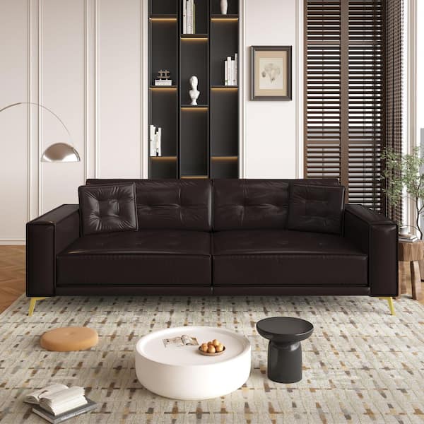 92.1 in. Dark Brown Faux Leather King Size Sofa Bed with Ultra Wide Armrests and 2 Pillows for Living Room