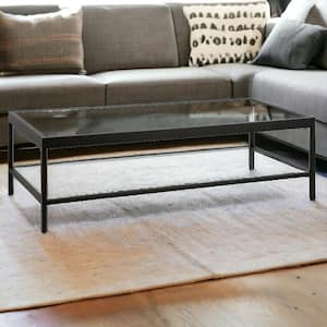 54 in. Black Rectangle Glass Coffee Table with Shelves Storage