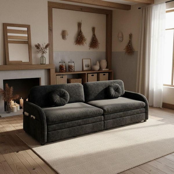 YONOK 81.1 in. King Ebony Black Wide Modern Chenille 3-in-1 Convertible Sofa Bed with USB Port and Storage Pockets