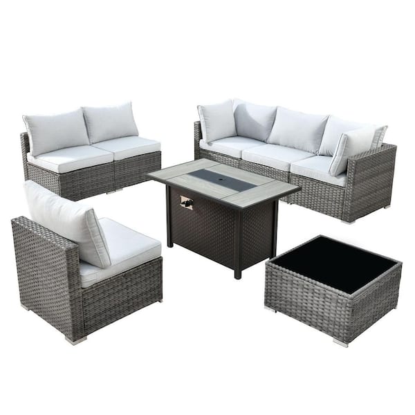 Messi Gray 8-Piece Wicker Outdoor Patio Conversation Sectional Sofa Set with a Metal Fire Pit and Light Gray Cushions