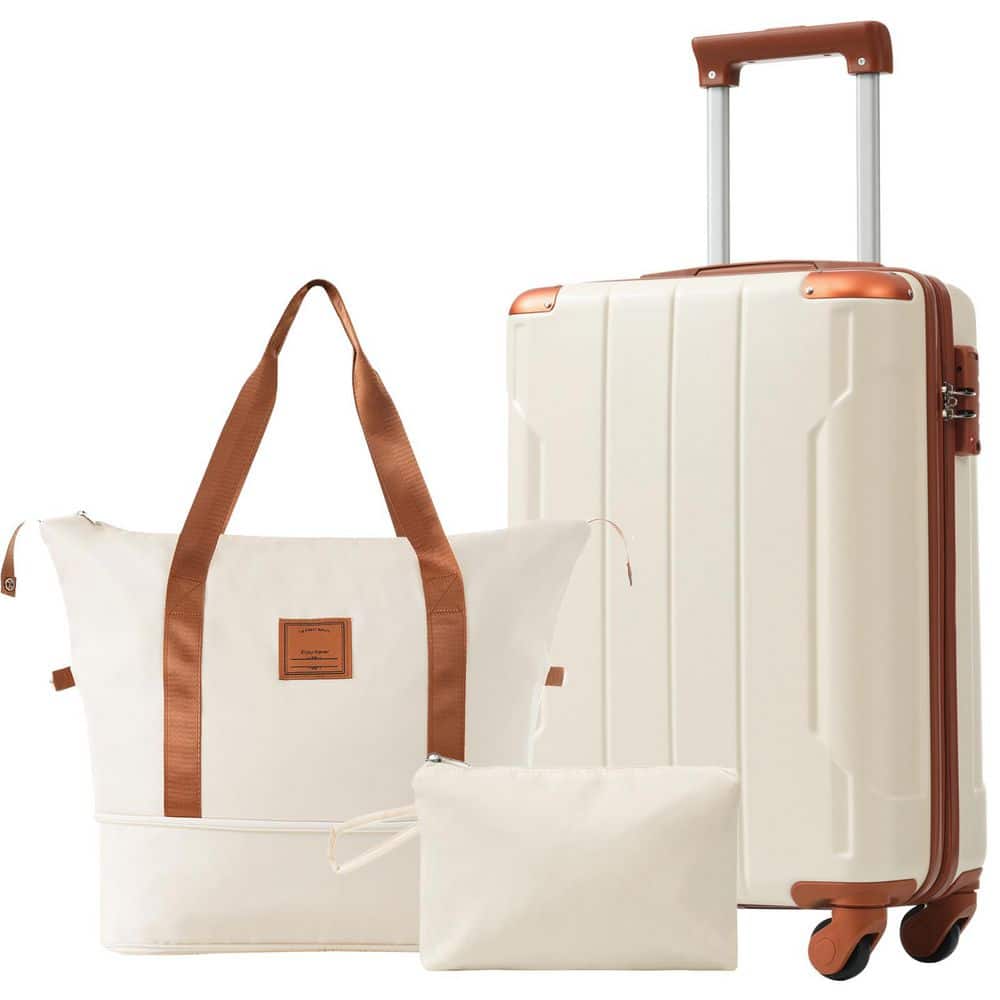 20 in. Brown White ABS Lightweight Spinner Carry On Luggage Suitcase with Travel Duffel Bag and Toiletry Bag