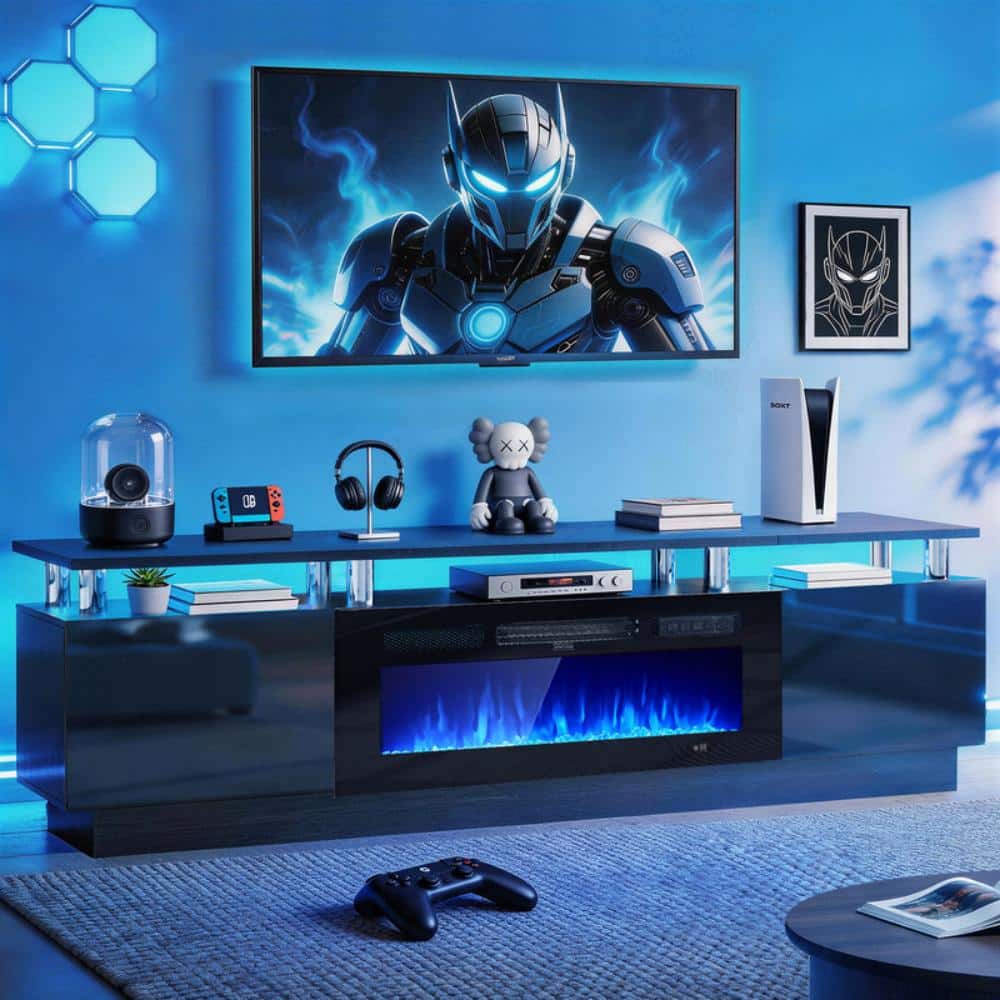 80" Fireplace TV Stand, Fire Place TV Stand for TVs up to 90", 36" Electric Fireplace, All Black