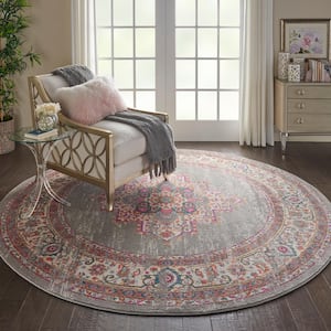Passion Grey 8 ft. x 8 ft. Floral Transitional Round Rug