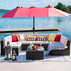 7-Pieces PE Rattan Wicker Patio Furniture Sectional Set Outdoor Lawn Conversation Sets with Beige Cushion