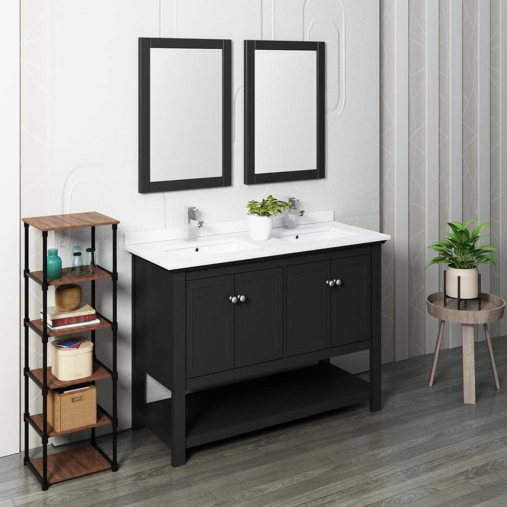 Elegant 48" Black Double Sink Vanity Set with Quartz Top & Mirrors