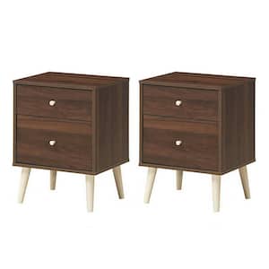 24.5 in. H x 16 in. D x 18 in. W Nightstand 2-Drawer Beside End Side Table with Rubber Legs Walnut (Set of 2)