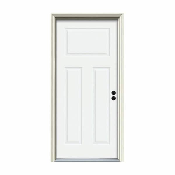 JELD-WEN 30 in. x 80 in. 3-Panel Craftsman White Painted Steel Prehung Left-Hand Inswing Front Door w/Brickmould