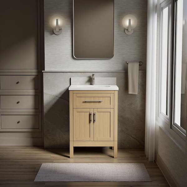 Hadron 24 in. Single Sink Freestanding Light Oak Bath Vanity with White Quartz Top Assembled