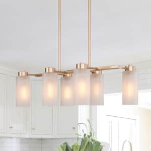 Modern Satin Gold Chandelier Linear Classic 6-Light Island Chandelier with White Frosted Glass Shades for Dining Room