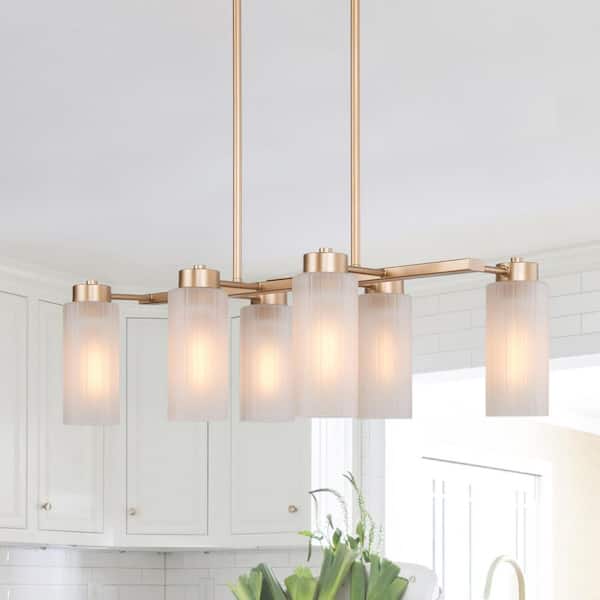 LNC Modern Satin Gold Chandelier Linear Classic 6-Light Island Chandelier with White Frosted Glass Shades for Dining Room