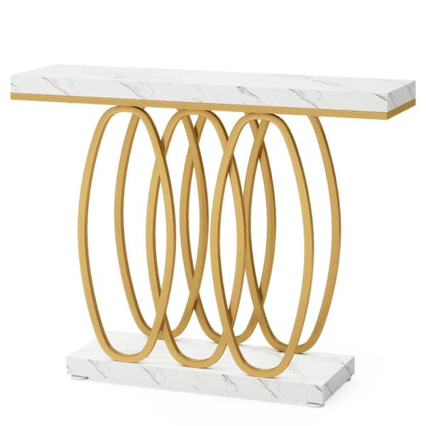 BYBLIGHT Turrella 39.37 in. White Gold Rectangle Particle Board Console Table, Faux Marble Console Table with Gold Legs