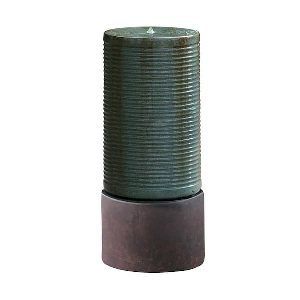 canadine 44 in. H Large Modern Cylinder Ribbed Tower Water Fountain Rustic Base Contemporary Antique Green Copper Finish Outdoor