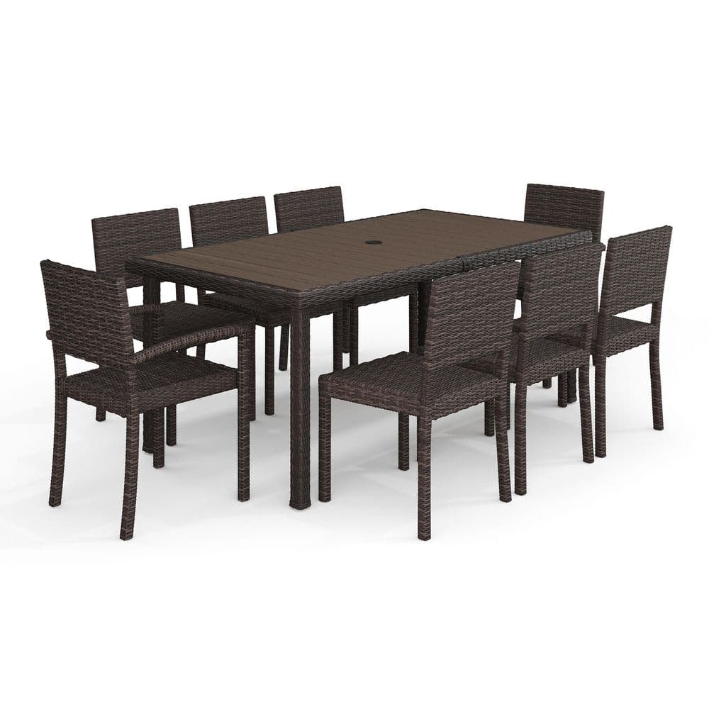 Bedford Brown Rattan Wicker 9-Piece Indoor-Outdoor Dining Set with 8 Stackable Dining Chairs and 70 in. Patio Table