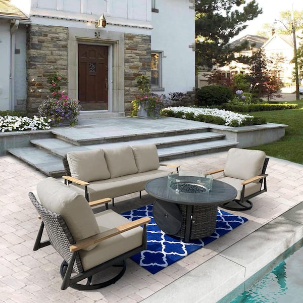 HiGreen Outdoor Manbo 4-Piece Wicker Patio Fire Pit Seating Set with Acrylic Cast Ash Cushions and Round Fire Pit Table