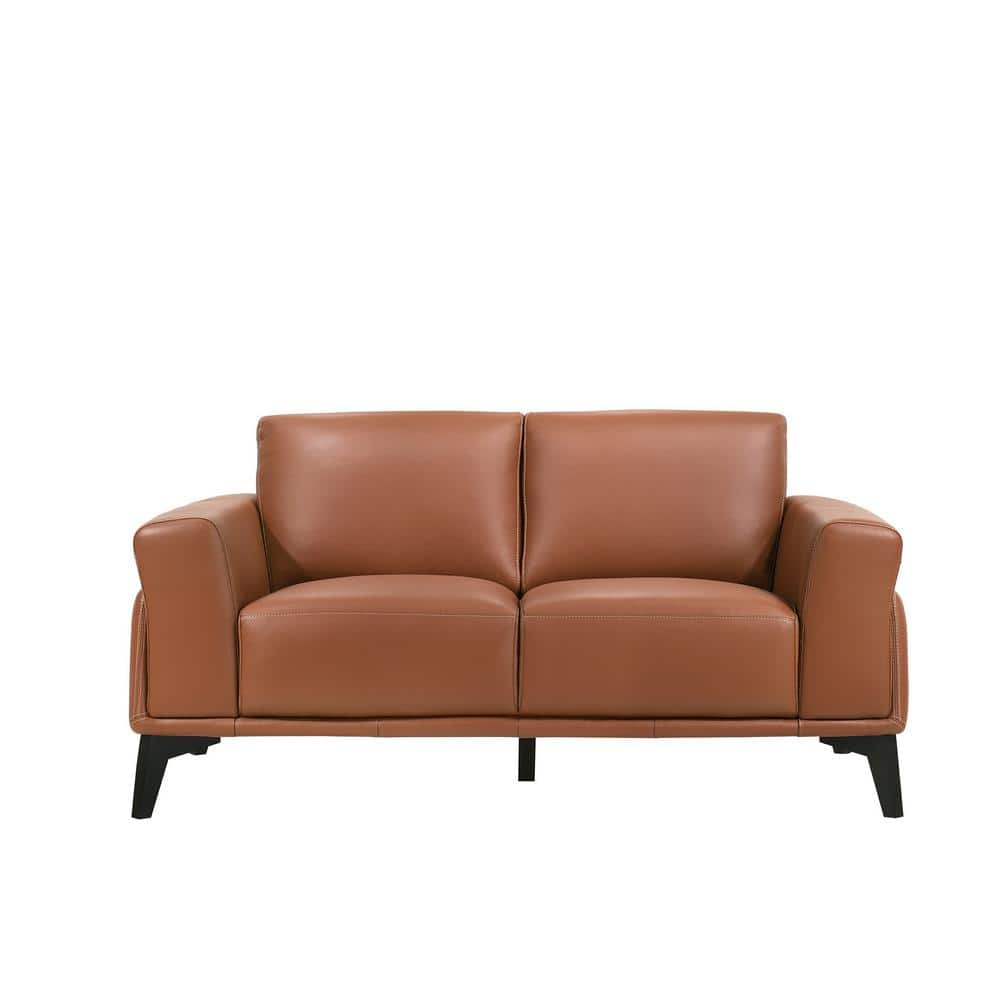 Terracotta Leather Loveseat with Flared Arms and Metal Base