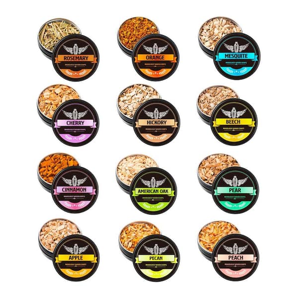 12-Piece Assorted Natural Wood Chips Set Brown Wood Cocktail Smoking Fuel for Drinks and Food Kitchen Accessory