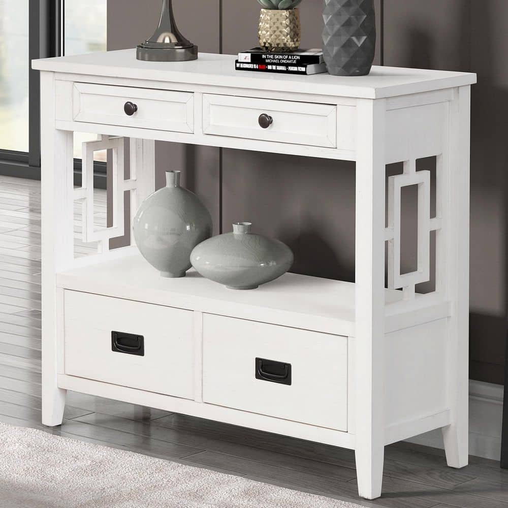 Inigo Farmhouse 36 in. Antique White Rectangle Wood Console Table with 4 Drawers and Storage Shelf