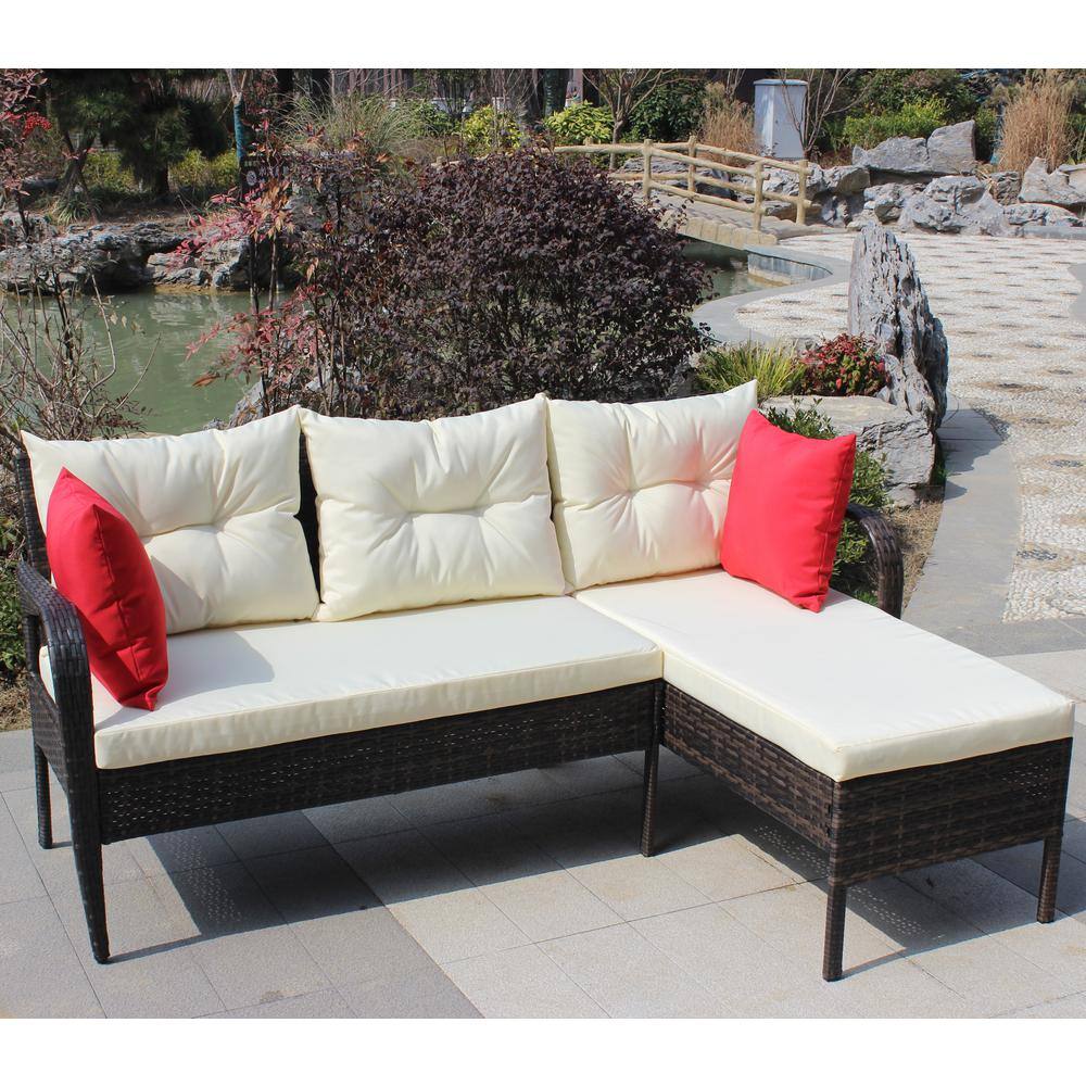 2-Piece Wicker Outdoor Chaise Lounge with Beige Cushions, Conversation Set Ratten Sectional Sofa-Brown price history on PriceWatchPro