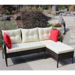 2-Piece Wicker Outdoor Chaise Lounge with Beige Cushions, Conversation Set Ratten Sectional Sofa-Brown