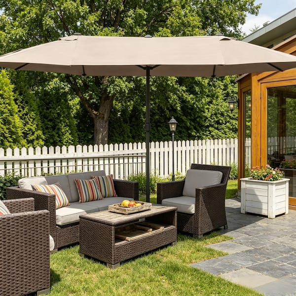 12 rib patio umbrella IALTRUISTIC 15 ft. Double Sided Outdoor Umbrella Rectangular Large Patio  Umbrella with Base and 12-Rib in Brown GP427137