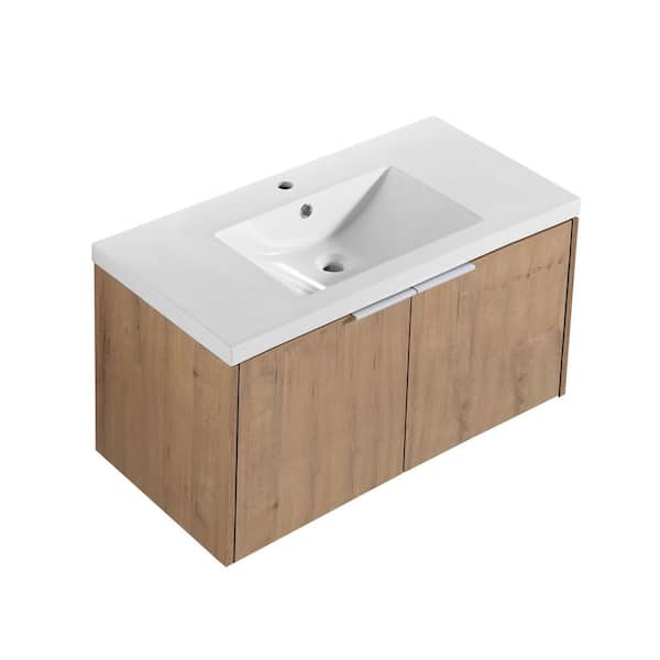 Satico 35.43 in. W x 18.12 in. D x 19.25 in. H Floating Wall-Mounted Bathroom Vanity in Imitative Oak with White Resin Top