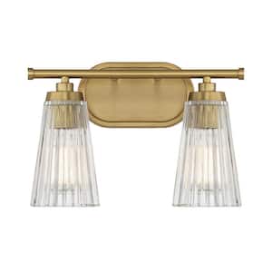 Chantilly 14 in. W x 10 in. H 2-Light Warm Brass Bathroom Vanity Light with Clear Ribbed Glass Shades