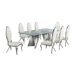 Becky 9-Piece Rectangular Glass Top with Stainless Steel Base Table Set with 8-White Faux Leather Chairs with Crystals