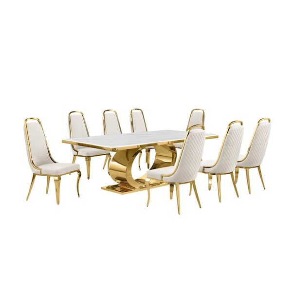 Best Quality Furniture Ibraim 9-Piece Rectangle White Marble Top Gold Stainless Steel Dining Set with 8 Cream Velvet Gold Chrome Iron Chair