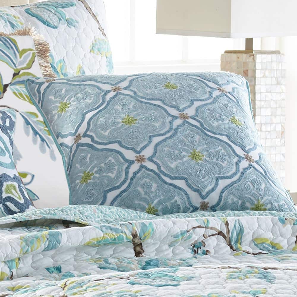 Teal and Ivory Cotton Embroidered Square Throw Pillow
