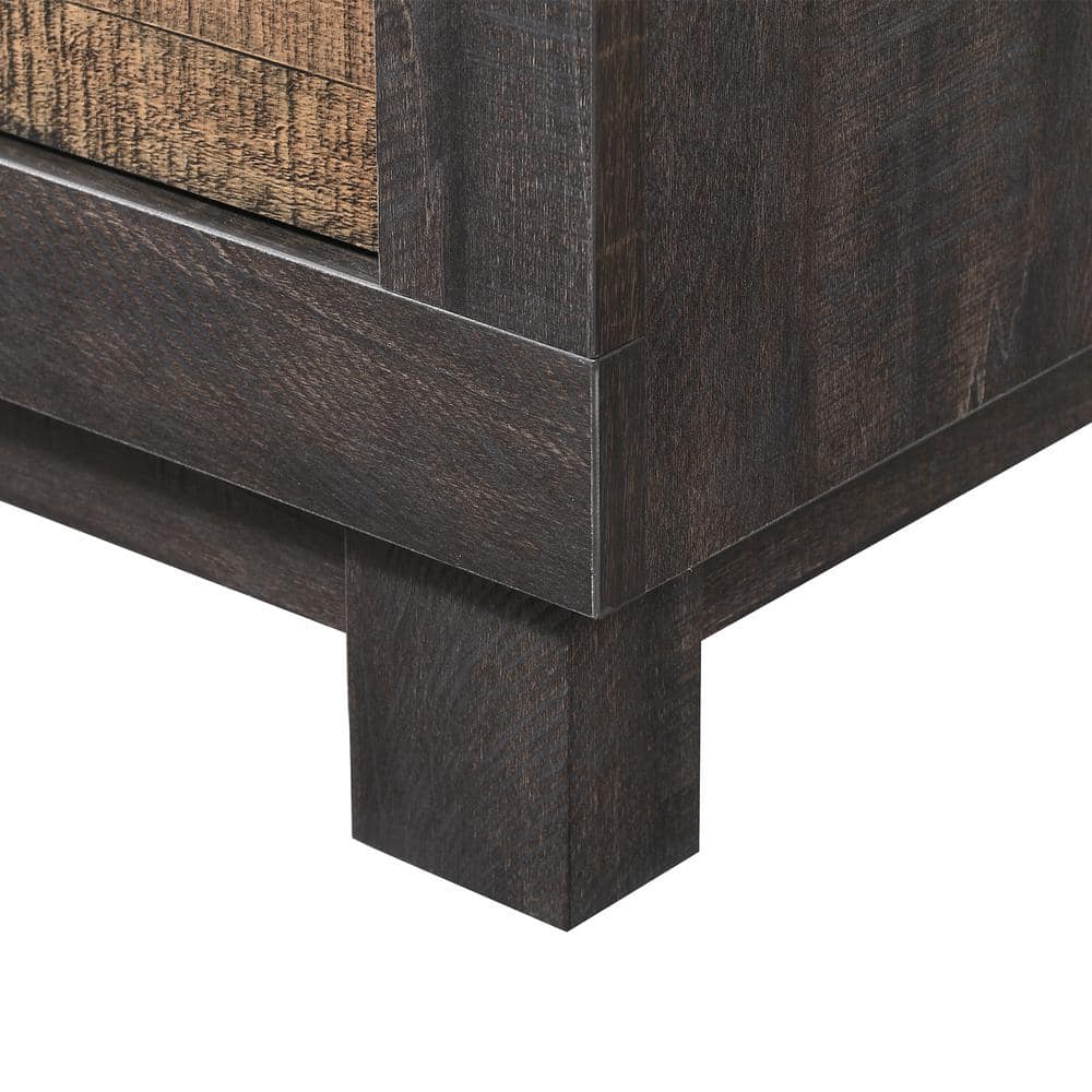 Close-up of the corner and leg of a dark espresso dresser.