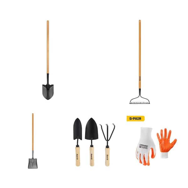 43.3 in. Shovel, 47 in. Bow Rake and Transfer Shovel, 3-Piece Garden Tool Set and Nitrile Gloves Combo (5 Pack)