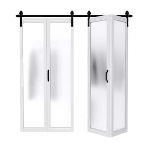 80 in. x 84 in. 1-Lite Tempered Frosted Glass White Finished Composite MDF Bi-Fold Sliding Barn Door with Hardware Kit