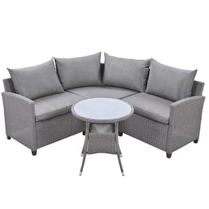 4-Piece Wicker Patio Conversation Sectional Seating Set with Gtay Cushions