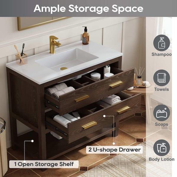 Magen 37 in. Single Sink Bath Vanity in Walnut with White Engineered Solid Surface Top and 2 Drawers (Unassembled)