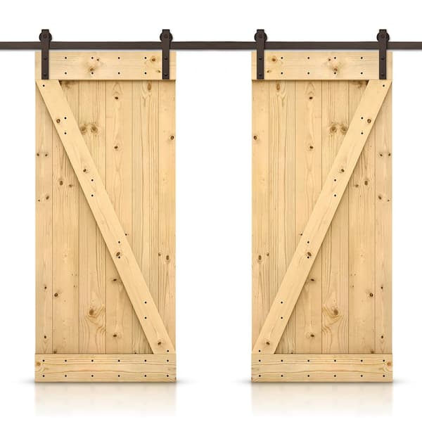 CALHOME Z 88 in. x 84 in. Bar Unfinished Stained DIY Solid Pine Wood Interior Double Sliding Barn Door with Hardware Kit
