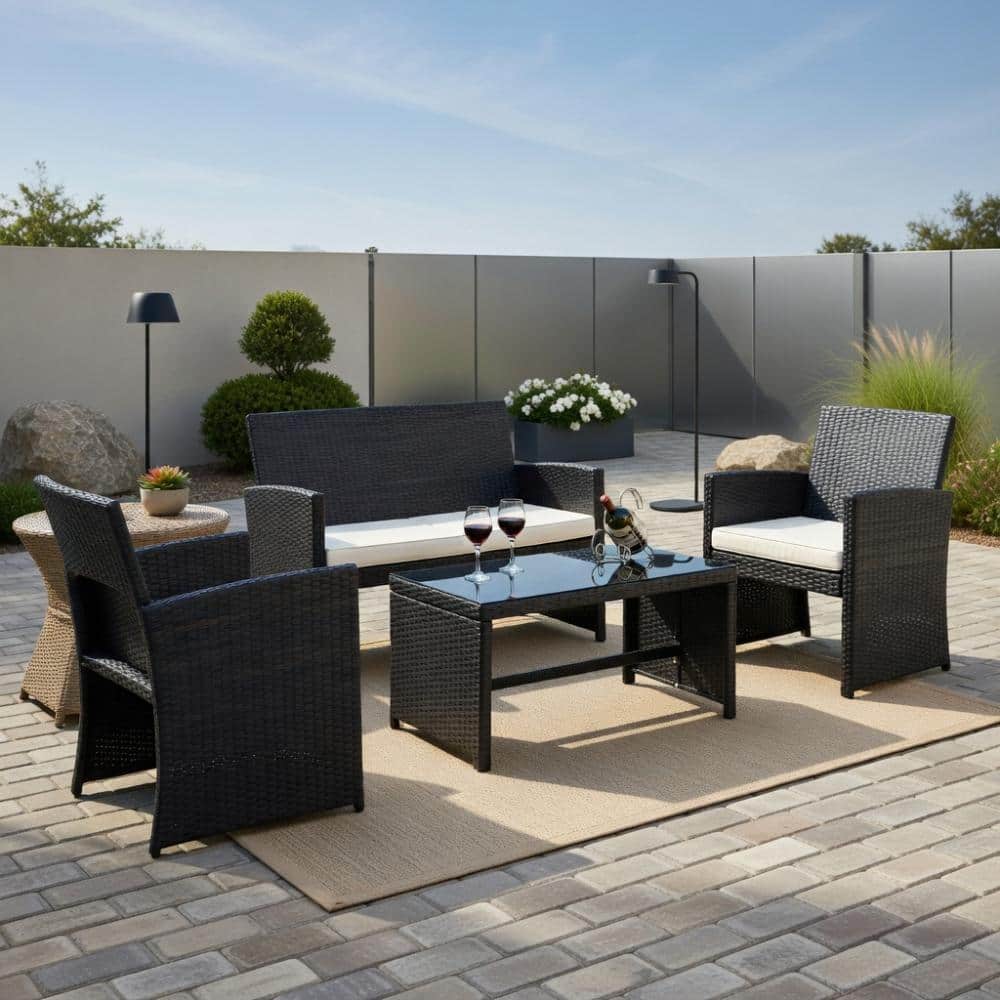4-Piece Outdoor Wicker Patio Sofa Set, Tempered Glass Table & Removable Off-White Cushions, PE Rattan, Steel Frame price history on PriceWatchPro