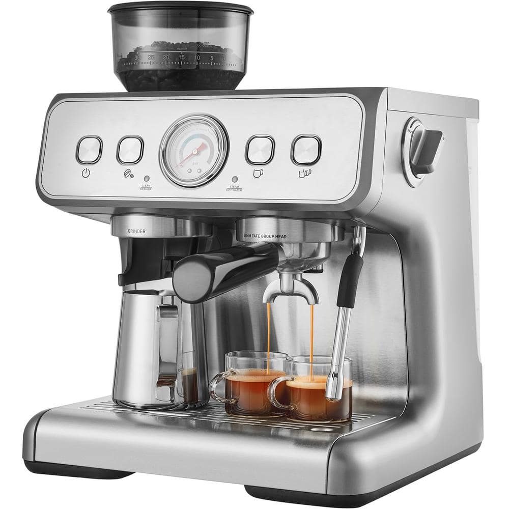 15 Bar, 15 Cups, Semi-Automatic Espresso Machine, Silver, with Grinder, Milk Frother, PID Control, emovable Water Tank