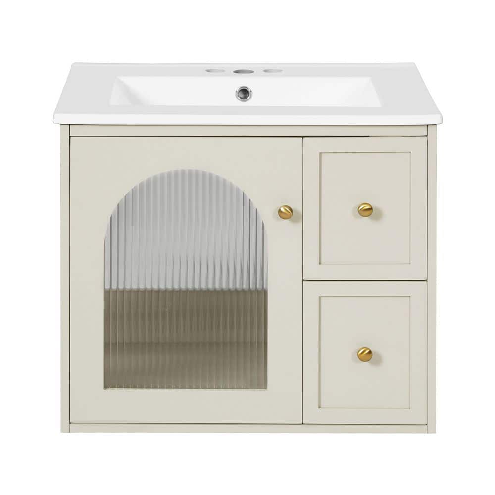 24 in. Single Sink Wall-Mounted Floating Beige Bath Vanity with White Ceramic Top price history on PriceWatchPro